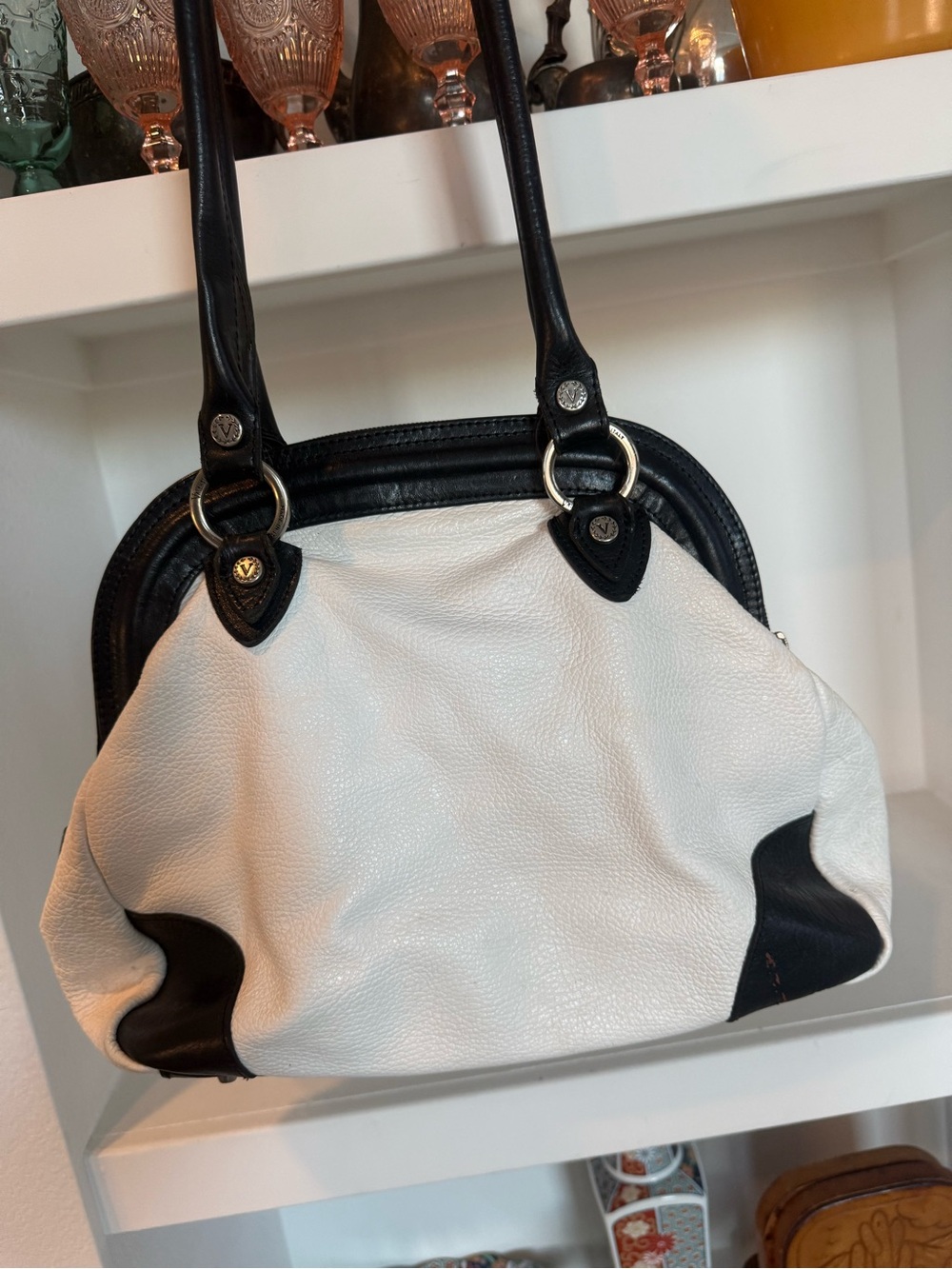 Valentina Black and White Pebbled Leather Shoulder Bag